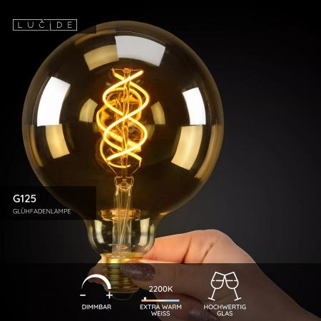Lucide G125 LED Glühfadenlampe Ø12,5cm E27 4,9W 2200K Amber dimmbar