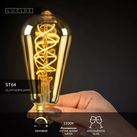 Lucide ST64 LED Glühfadenlampe Ø6,4cm E27 4,9W 2200K Amber dimmbar Vintage