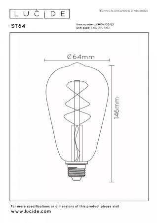 Lucide ST64 LED Glühfadenlampe Ø6,4cm E27 4,9W 2200K Amber dimmbar Vintage