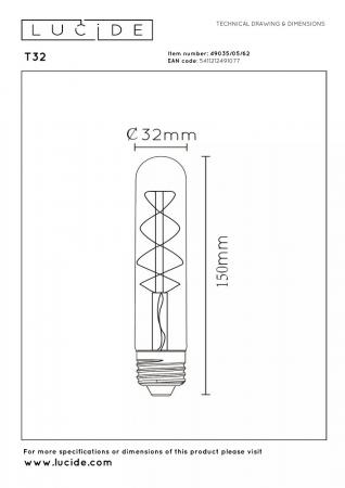 Lucide T32 LED Glühfadenlampe Ø3cm E27 4,9W 2200K Amber dimmbar Rohrform