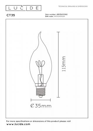Lucide CT35 E14 LED Filament 3W 2200K 165 lm dimmbar Amber – kompakte Vintage-Kerzenlampe