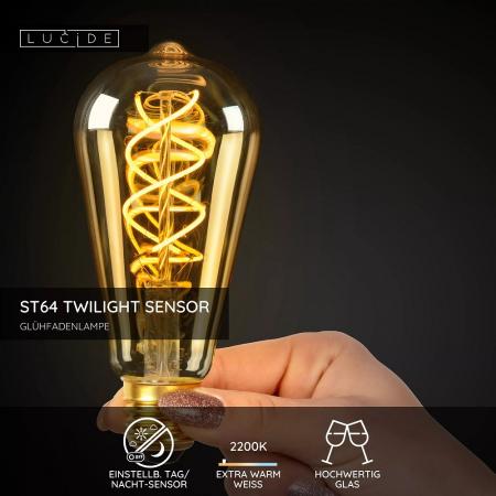 Lucide ST64 TWILIGHT SENSOR E27 LED Filament 4W 2200K 300 lm Amber – mit Dämmerungssensor