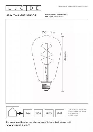 Lucide ST64 TWILIGHT SENSOR E27 LED Filament 4W 2200K 300 lm Amber – mit Dämmerungssensor