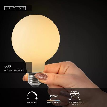 Lucide G80 E27 LED Filament 4,9W 2700K 500 lm Opal dimmbar – moderne Globus-Glühfadenlampe