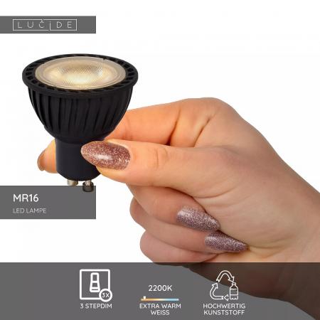 Lucide MR16 GU10 LED 5W 2200K–2700K 350 lm dimmbar Schwarz – warmweißes LED-Leuchtmittel mit 3-Step-Dim