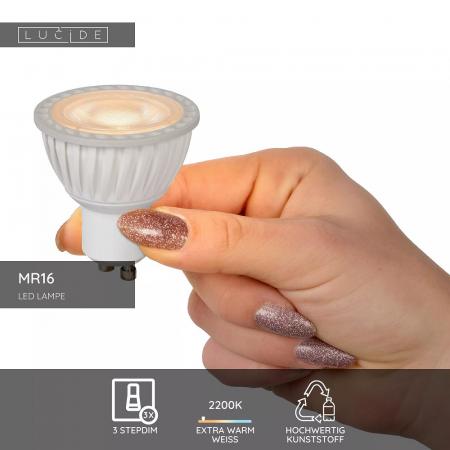 Lucide MR16 GU10 LED 5W 2200K–2700K 350 lm dimmbar Weiß – flexibles warmweißes LED-Leuchtmittel mit 3-Step-Dim