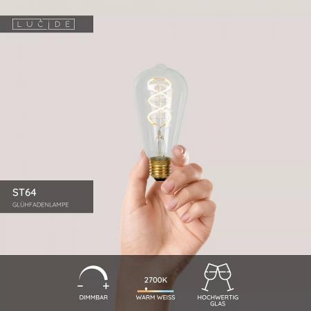 LUCIDE ST64 E27 4,9W wie 40W – 450lm 2700K Warmweiß dimmbar transparent