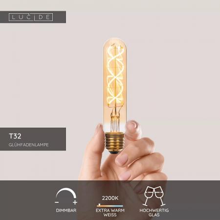 Lucide T32 E27 LED Filament 4,9W 2200K 410 lm 3-StepDim Amber mit Memory – kompakte Vintage-Glühfadenlampe