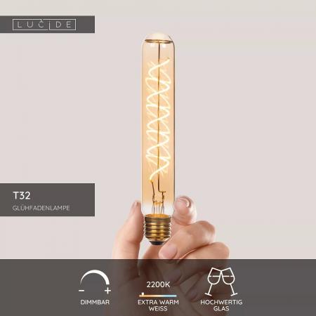 Lucide T32 LED Glühfadenlampe Ø3,2cm E27 4,9W 2200K Amber 3-StepDim (Memory)