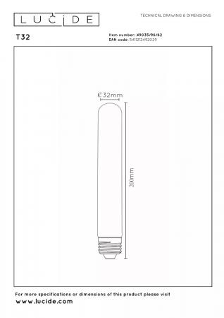 Lucide T32 LED Glühfadenlampe Ø3,2cm E27 4,9W 2200K Amber 3-StepDim (Memory)