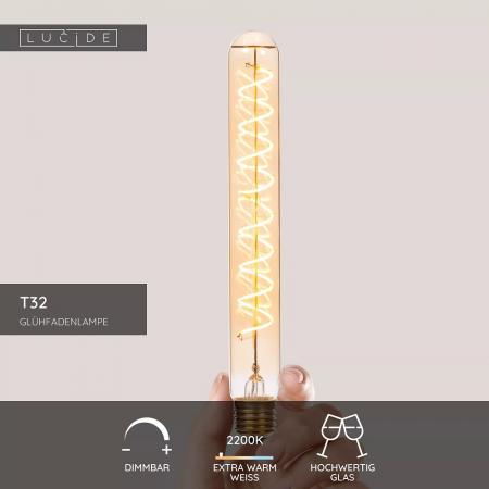 Lucide T32 E27 LED Filament 4,9W 2200K 450 lm 3-StepDim Amber mit Memory – dekorative Vintage-Glühfadenlampe