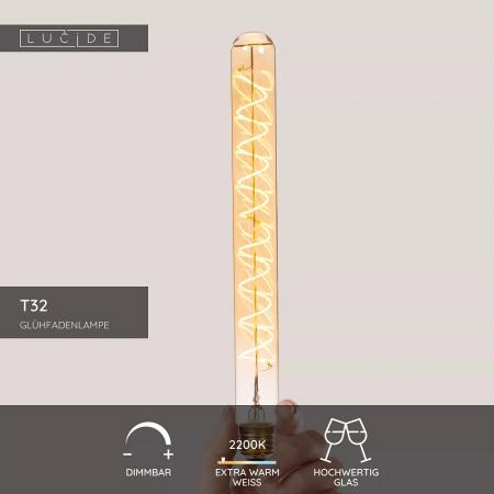 Lucide T32 E27 LED Filament 4,9W 2200K 450 lm 3-StepDim Amber mit Memory – dekorative Vintage-Glühfadenlampe
