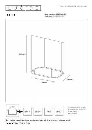 Lucide ATILA LED Wandleuchte IP65 Schwarz – 2x5W 2700K Up & Down