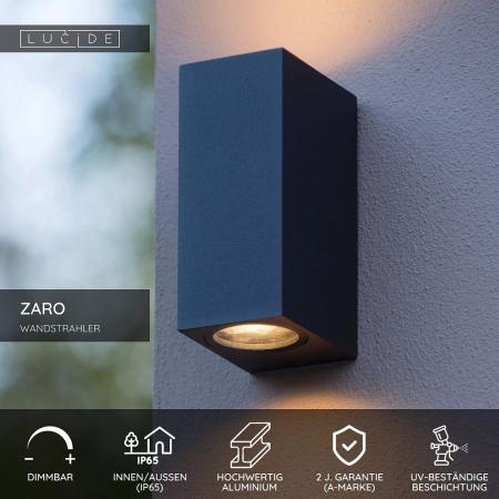 Lucide ZARO Wandstrahler IP65 Schwarz – 2x GU10 Außenwandleuchte modern