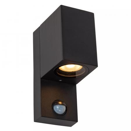 Lucide ZARO Wandstrahler Innen/Außen 1xGU10 IP65 Schwarz mit Bewegungs- und Tag/Nacht-Sensor