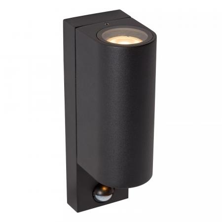 Lucide ZARO – Wandstrahler / Wandleuchte Innen & Außen – 2x GU10 – IP65 – Bewegung & Tag/Nacht-Sensor (abschaltbar) – Schwarz
