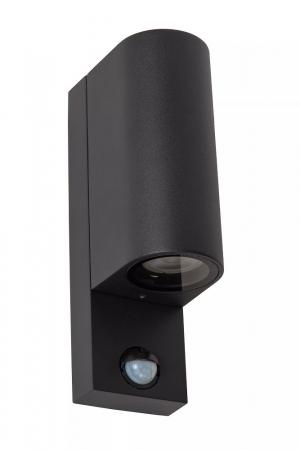 Lucide ZARO – Wandstrahler / Wandleuchte Innen & Außen – 2x GU10 – IP65 – Bewegung & Tag/Nacht-Sensor (abschaltbar) – Schwarz