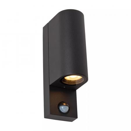Lucide ZARO – Wandstrahler / Wandleuchte Innen & Außen – 2x GU10 – IP65 – Bewegung & Tag/Nacht-Sensor (abschaltbar) – Schwarz