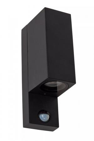 Lucide ZARO – Wandstrahler / Wandleuchte Innen & Außen – 2x GU10 – IP65 – Bewegung & Tag/Nacht-Sensor (abschaltbar) – Schwarz