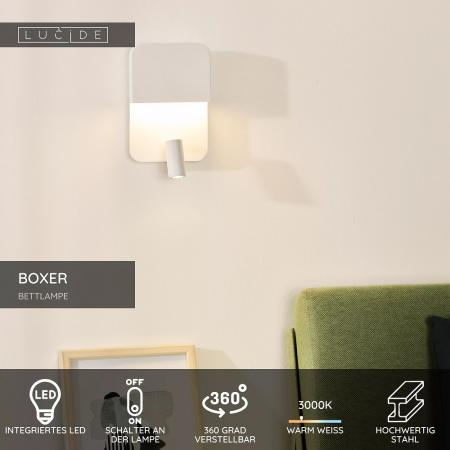 Lucide BOXER Bettleuchte / Wandleuchte LED 3000K Weiß mit USB-Ladepunkt