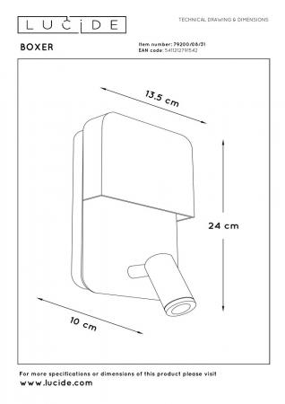 Lucide BOXER Bettleuchte / Wandleuchte LED 3000K Weiß mit USB-Ladepunkt