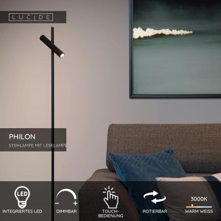Lucide PHILON Stehlampe mit Leselampe LED Ø23cm 4,5W 3000K Schwarz dimmbar Touch