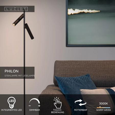 Lucide PHILON Stehleuchte mit Leselampe LED 2x4,5W 3000K Schwarz dimmbar Touch