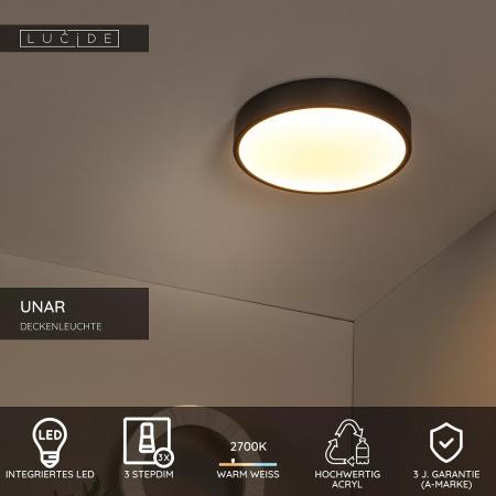 Lucide UNAR LED Deckenleuchte Ø30cm 3-StepDim 2700K Schwarz modern