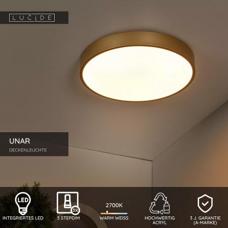 Lucide UNAR - LED Deckenleuchte Ø 39,5 cm 3-StepDim 2700K Mattes Gold / Messing