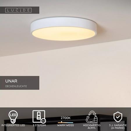 Lucide UNAR LED Deckenleuchte Ø30cm 3-StepDim 2700K Weiß modern