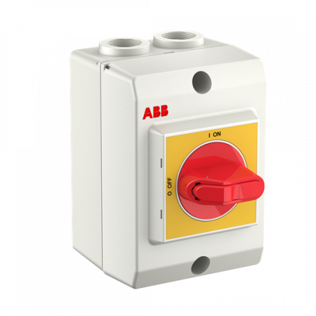 ABB OTP16KA3M1 Sicherheitsschalter im Kunststoffgehäuse 3-polig 7,5 kW 400 V mit rot-gelbem Grif, IP65 Einführung oben und unten