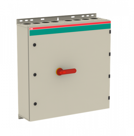 ABB OT250KLRR6AZ Sicherheitsschalter im Stahlblechgehäuse 6-polig 132 kW 400 V mit rot-gelbem Griff, IP65 Einführung oben und unten