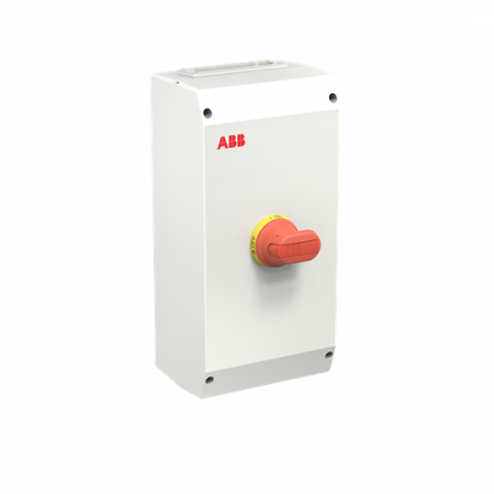 ABB OTE90A6M EMV-Sicherheitsschalter im Kunststoffgehäuse 6-polig 45 kW 400 V mit rot-gelbem Grif, IP65 Einführung oben und unten