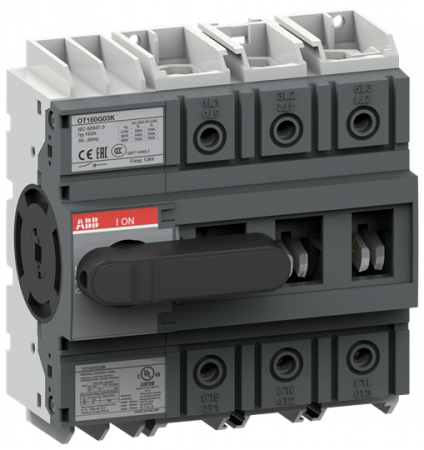 ABB OT160G03K Lasttrennschalter 3-polig 160 A, mit schwarzem Knebelgriff Trägerplatten- und DIN-Schienenmontage