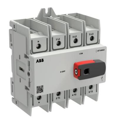 ABB OT100G3-4BSN1 Lasttrennschalter OT Plus 100 A, Baugröße G3, 4-polig, 4. Pol links DIN-Montage, Schraubklemmen, IEC60947-3, UL60947-4-1 und UL98