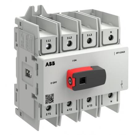 ABB OT125G3-4BSN2 Lasttrennschalter OT Plus 125 A, Baugröße G3, 4-polig, 4. Pol rechts DIN-Montage, Schraubklemmen IEC60947-3 und UL60947-4-1