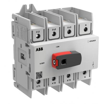 ABB OT63G3-4BSN2 Lasttrennschalter OT Plus 63 A, Baugröße G3, 4-polig, 4. Pol rechts Türmontage, Schraubklemmen IEC60947-3 und UL60947-4-1