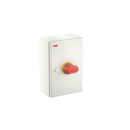 ABB OTL100GBA3M Wartungsschalter, 3-polig 415V AC23 100A, 55kW, mit rot-gelbem Griff Stahlblechgehäuse IP65 Einführung oben und unten