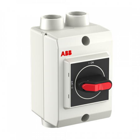 ABB OTP16GK3M25Q Wartungsschalter, 3-polig 415V AC23A 16A, 7,5kW mit schwarzem Griff Federzugklemmen, Kunststoffgehäuse IP65 Einführung oben und unten