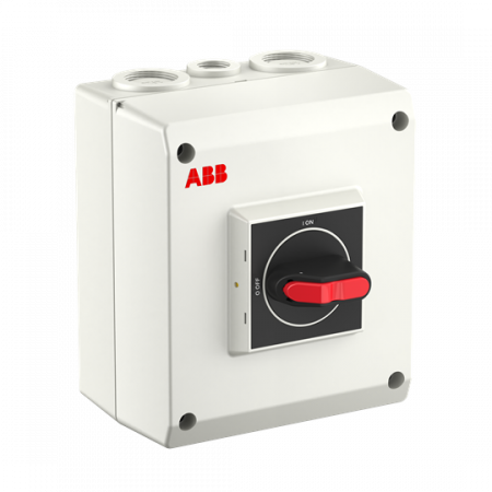 ABB OTP25GT3MQ Wartungsschalter, 3-polig 415V AC23A 25A, 11kW mit schwarzem Griff Federzugklemmen, Kunststoffgehäuse IP65 Einführung oben und unten