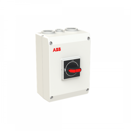 ABB OTP40GT4M Wartungsschalter, 4-polig 415V AC23A 40A, 18,5kW mit schwarzem Griff Kunststoffgehäuse IP65 Einführung oben und unten
