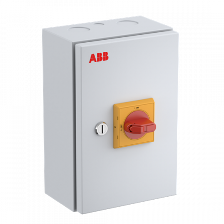 ABB OTL25GA6M Wartungsschalter 6-polig 415V AC23A 25A, 11kW mit rot-gelbem Griff Stahlblechgehäuse IP65 Einführung oben und unten