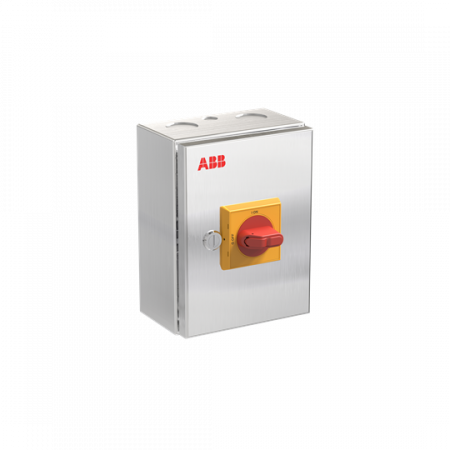 ABB OTR40GBA3M Wartungsschalter, 3-polig 415V AC23A 40A, 18,5kW mit rot-gelbem Griff Edelstahlgehäuse IP65 Einführung oben und unten