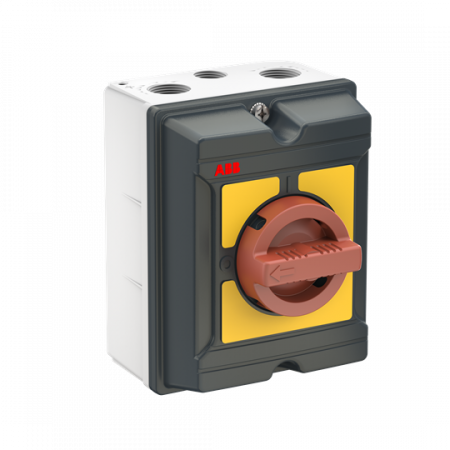 ABB OTA25GS4Y EMV Wartungsschalter, 4-polig 415V AC23A 25A, 11kW mit rot-gelbem Griff Aluminiumgehäuse IP65 Einführung oben und unten