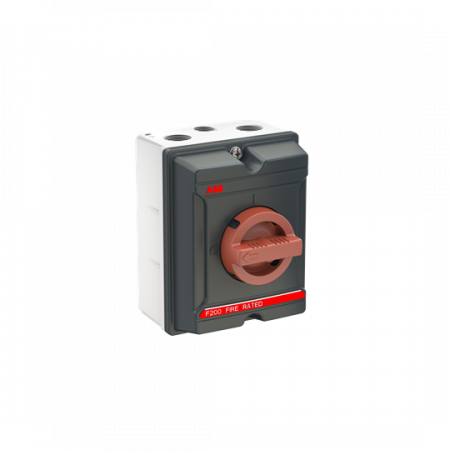 ABB OKA25GS4RF2 F200 EMV Wartungsschalter, 4-polig 415V AC23A 25A, 11kW m. rotem Griff Feuerbeständig F200 AluminiumgehäuseGrau IP65 Einführung Oben/unten