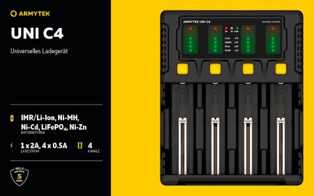 Armytek Uni C4 Plug type C - universelles Ladegerät mit intelligenter automatischer Erkennung von Batterietyp, Ladezustand und optimalem Strom