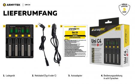 Armytek Uni C4 Plug type C - universelles Ladegerät mit intelligenter automatischer Erkennung von Batterietyp, Ladezustand und optimalem Strom