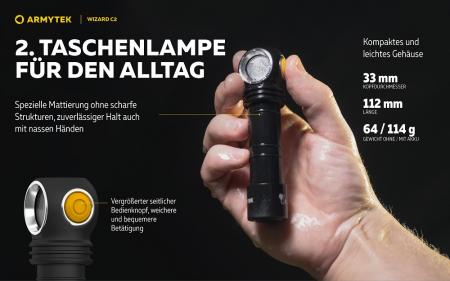 Armytek Wizard C2 Magnet USB Taschenlampe und Stirnlampe 3in1 mit Magnethalterung akkubetrieben (weißes Licht)