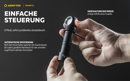 Armytek Wizard C2 Magnet USB Taschenlampe und Stirnlampe 3n1 mit Magnethalterung akkubetrieben (Warmes Licht)