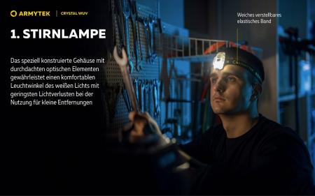Armytek Crystal Grey WUV Multifunktionslampe Taschen- und Stirnlampe 6 in 1 mit weißem und rotem Licht Micro USB Aufladbarer